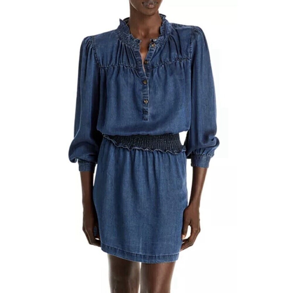 Rails Amina Smocked Flutter Sleeve Chambray Mini Dress Dark Vintage Flouncy Sz S - Picture 1 of 8